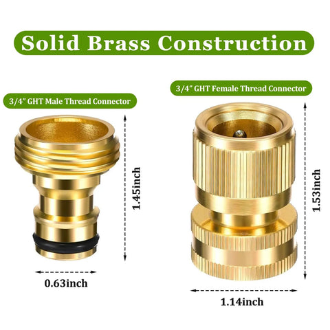 Solid No Leak Three Quarter Inch Garden Hose Quick Connector Set Brass GHT Adapters for indoor and outdoor use image showing male and female connectors with measurements.