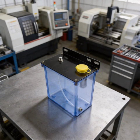 Sileduove 3L CNC Machine Lubrication Water Box With Built In Filter Oil Tank For Lathe Milling Drill Efficient Cooling System 210X128X180mm on workshop table.