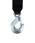 Close-up of metal hook on 2000lb manual boat trailer winch with 20 foot strap, two-way ratchet and neutral, comfort grip crank handle.