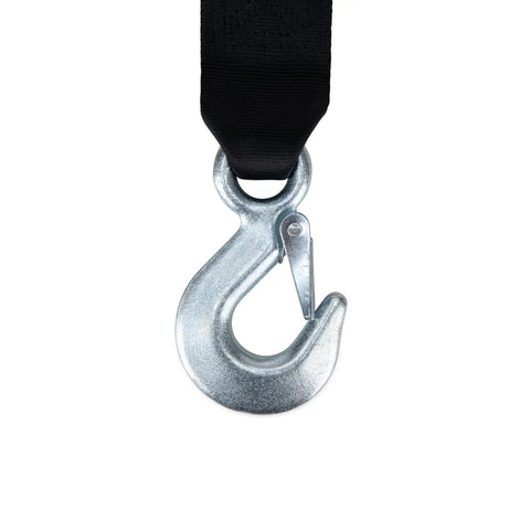 Close-up of metal hook on 2000lb manual boat trailer winch with 20 foot strap, two-way ratchet and neutral, comfort grip crank handle.
