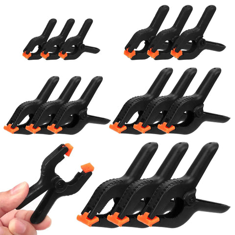 Swpeet 15 Piece Spring Clamp Set With Black Plastic Mini Clamps In Size Range From Two To Six Inches For Balloon Arcs Backdrops Woodworking And Crafting Projects, 3in clamps shown