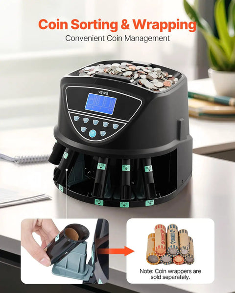 Coin Counter And Sorter With Intuitive Display, Fast 300 Coins Per Minute, 5 Coin Tubes And 5 Trays, Wrapper Ready Coin Sorting Machine