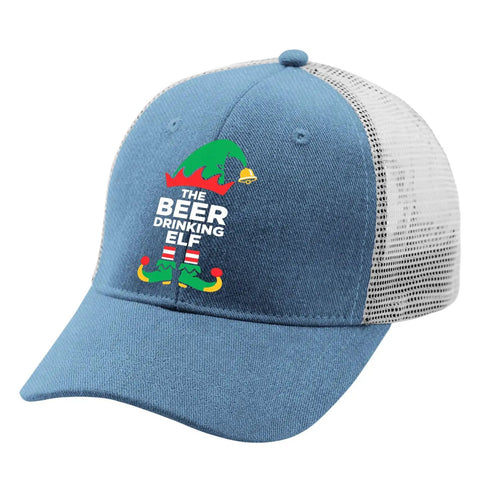 Beer Drinking Elf Funny Women Trucker Cap Sky Blue Adjustable Hat For Running Hiking Cycling And Walking One Size Fits Most With Buckle