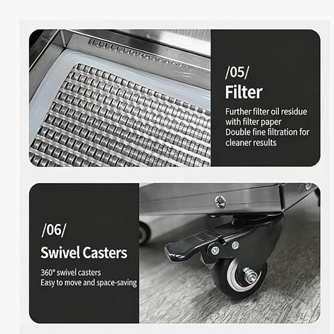 Built Tough Commercial Fryer Oil Filter Machine With Five Layer Stainless Steel Cartridge And Quick Automatic Return Flow For Real Restaurant Hustle Straight Up 10 Gallon Size filter details and swivel caster