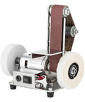 Mini Bench Belt Sander Featuring Slick Adjustable Speed Controls Built Tough As Nails From Stainless Steel Includes Twenty Top Shelf Abrasive Belts To Crush Wood Metal And Knife Polishing Projects Around The Private Garage showing compact design and speed control.