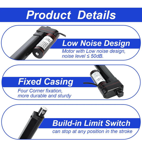 KM-LINEARTECH 24-inch electric linear actuator; black housing, fixed casing, built-in limit switch.