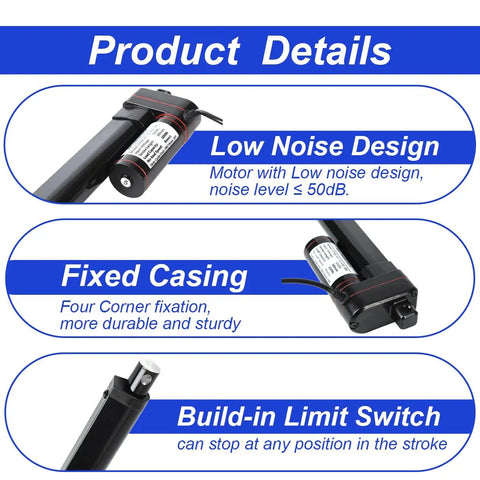 Close-up of Rock Solid 12V Electric Linear Actuator With 32 Inch Stroke And 440 Lbs Force, highlighting low noise motor and sturdy casing.