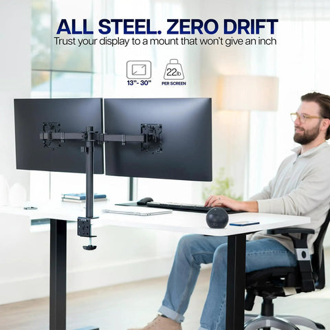 Rock Solid Dual Monitor Desk Mount For 13 To 30 Inch Screens Up To 22 Lbs Each, Heavy Duty Steel Arm With C Clamp Or Grommet, installed