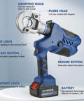 Heavy Duty Electric Hydraulic Crimping Tool For Copper Aluminum Wires Rechargeable Lithium Battery Cable Lug Crimper showing features like crimping mold and LED light.