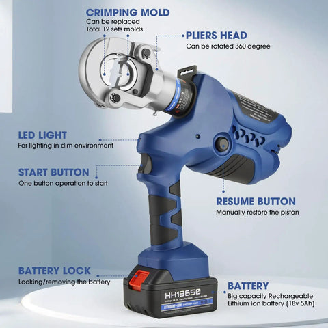 Heavy Duty Electric Hydraulic Crimping Tool For Copper Aluminum Wires Rechargeable Lithium Battery Cable Lug Crimper showing features like crimping mold and LED light.