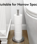 Freestanding Brushed Stainless Steel Toilet Paper Holder With Rock Solid Heavy Base Holds Three Rolls Anti Tip Bathroom Storage Stand Game Changer Setup in narrow space.