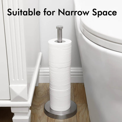 Freestanding Brushed Stainless Steel Toilet Paper Holder With Rock Solid Heavy Base Holds Three Rolls Anti Tip Bathroom Storage Stand Game Changer Setup in narrow space.