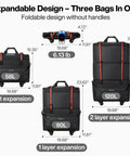 MIXI black expandable rolling travel bag with wheels; three sizes shown: 58L, 90L, 120L expansion options.
