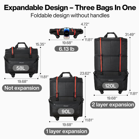 MIXI black expandable rolling travel bag with wheels; three sizes shown: 58L, 90L, 120L expansion options.