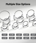 Heavy Duty 5 Inch U Bolt Exhaust Clamp Set For 5 Inch OD Exhaust Pipes, Stainless Steel Saddle Style U Muffler Clamp, Durable 304 Stainless Construction, 2 Pack displayed with multiple size options