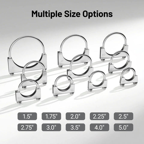 Heavy Duty 5 Inch U Bolt Exhaust Clamp Set For 5 Inch OD Exhaust Pipes, Stainless Steel Saddle Style U Muffler Clamp, Durable 304 Stainless Construction, 2 Pack displayed with multiple size options