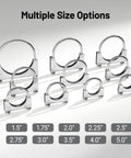 Heavy Duty 2.25 Inch U Bolt Exhaust Clamp Set For Your Ride Exhaust System Saddle Style Stainless Steel Muffler Clamps 2 Pack Fits 2.25 Inch OD Exhaust Pipes Durable 304 Stainless Construction in various sizes displayed.