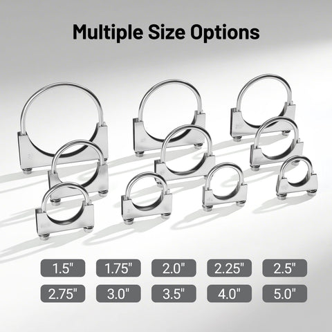 Heavy Duty 2.25 Inch U Bolt Exhaust Clamp Set For Your Ride Exhaust System Saddle Style Stainless Steel Muffler Clamps 2 Pack Fits 2.25 Inch OD Exhaust Pipes Durable 304 Stainless Construction in various sizes displayed.
