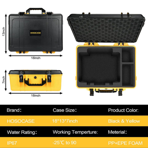 Heavy Duty Waterproof Case for 20V Cordless Air Compressor and Tire Inflator Accessories, black and yellow 18x13x7 inch case open and closed