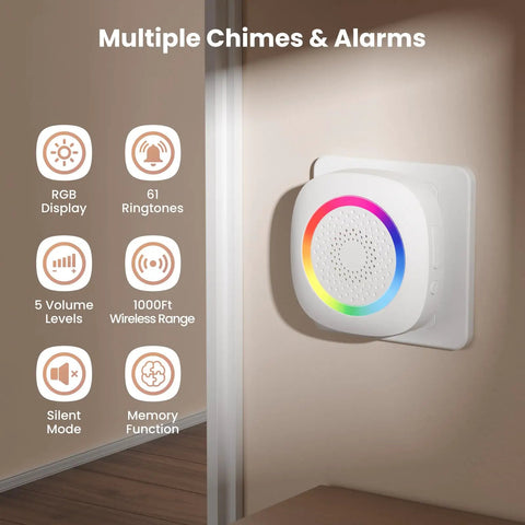 Wireless Motion Sensor Door Chime With 61 Melodies And 120dB Max Volume PIR Entry Alert With 5S Detection Interval 5 Volume Levels RGB Light Indicator Easy Install For Home Office Store Elderly And Visitors mounted on wall