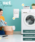 Woman doing laundry next to washing machine with Dual Lint Bin Set For Laundry Room Wall Mounted Space Saving Dryer Sheets Holder.
