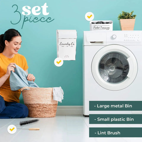 Woman doing laundry next to washing machine with Dual Lint Bin Set For Laundry Room Wall Mounted Space Saving Dryer Sheets Holder.