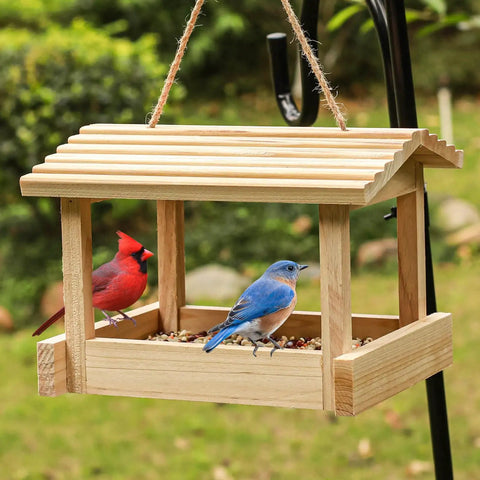 Outdoor Wooden Bird Feeder For Hangin Attracts Cardinals Finches Bluebirds Mealworm Ready Easy Clean With Hemp Rope