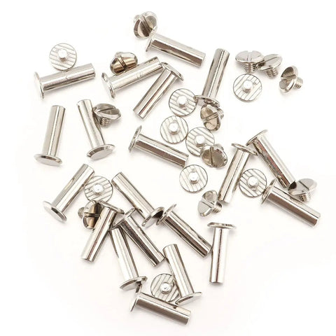 Kickass Chicago Screw Bindings Assortment Kit For Leather Crafting And Bookbinding Projects, silver metal screws with flat heads.