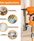 Pneumatic Upholstery Stapler 22 Gauge Continuous Firing, Three-Eighth Inch Crown for furniture, fabric, and wood applications.