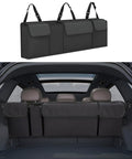 Car Trunk Organizer With Backseat Hanging Storage, Large Capacity, installed in SUV, showing adjustable straps and compartments