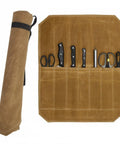 Open Canvas Knife Roll Bag With Handle For Travel And Camping, Portable Chef Tool Organizer with knives and utensils displayed.
