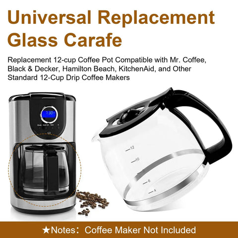 Universal 12 Cup Glass Carafe Replacement Pot For Most 12 Cup Drip Coffee Makers With Durable Handle And Three Snap On Caps In Different Sizes