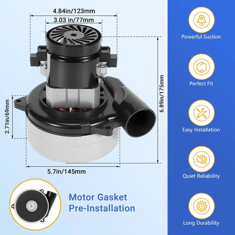Beefed Up 119992-00 Vacuum Motor for Beam Lamb Central Vacuum, 5.7 inch, with tangential bypass and gasket, dimensions displayed