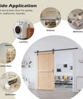 42 Inch By 84 Inch Sliding Barn Door Solid Spruce Slab Interior Door installed in living room with laundry, pantry applications