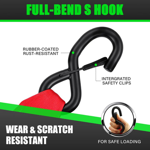 Heavy Duty Self Retracting Ratchet Straps No Sweat One Touch Retraction Quick Release Side Button For Truck Cargo Tie Downs Heavy Load showing full-bend S hook with rubber coating.