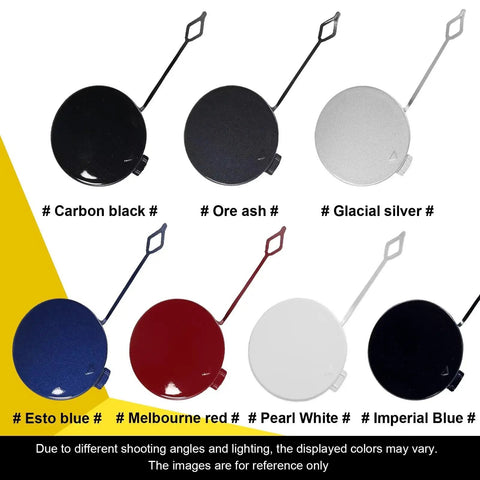 Various colored BMW 4 Series M-Sport front bumper tow hook covers including Pearl White.