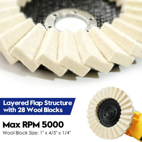 Close-up of 11 Piece Wool Felt Polishing Disc And Polishing Compound Kit with layered wool blocks for angle grinder use.