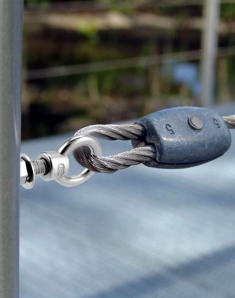 Threaded Eyebolts 10 Pack 3/8 X 2 Inches, 304 stainless steel attached to cable end on deck, showing rust resistance