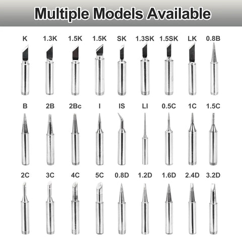 Multiple models of Five Pack 900M Internally Heated Solder Tips With Cleaning Sponge Pad For Electrical Solder Stations Replacement Welding Accessories Kit Fits 900M T Is displayed.