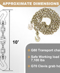 Heavy Duty Chain And Binder Set Three Eighths To One Half Inch G80 Transport Chain Ten Feet Four Pack With Ratchet Load Binders Nine Thousand Two Hundred Lbs WLL For Trucking Trailers And Industrial Agricultural Traction Applications, showing chain dimensions and capacity.