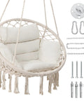 Boho Macrame Hammock Chair Swing with Overstuffed Cushion for Indoor and Outdoor Cozy Vibes Beige Solid Steel Frame Easy Setup