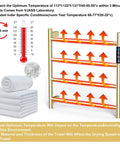 4 Bar Brushed Gold Heated Towel Warmer Rack With Built-In Timer showing heating elements and temperature guide