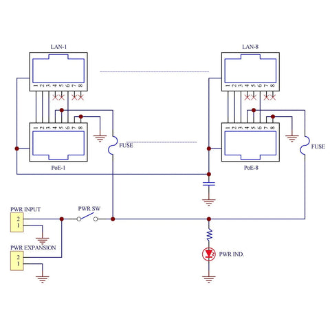 Wiring diagram of DIN Rail 8 Port Passive PoE Injector Module With RJ45 Power Over Ethernet for APs, Cams, and VoIP Phones