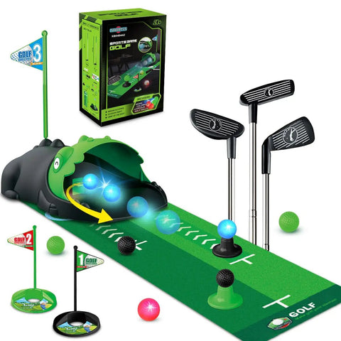Upgraded Kids Golf Set With Dinosaur Automatic Returner Light Up Night Golf Balls 3 Clubs Putting Mat Ages 3 To 8 Mini Golf Game Kit For Indoor And Outdoor Play Fun Educational Sports Toy For Boys And Girls displayed on a green mat with dinosaur theme.