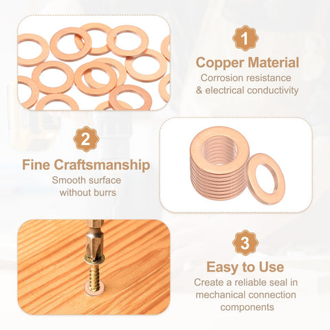 18 Piece M10 Copper Washers Set M10x16x1.5mm Copper Crush Washers displaying smooth surface and mechanical use.