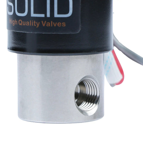 Close-up of One Quarter Inch Stainless Steel Electric Solenoid Valve 24VAC Normally Closed Viton Seals, showing threaded port