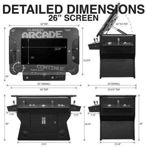 Full Size Commercial Grade Cocktail Arcade Cabinet for Home Game Rooms, 2 Player, 3500 Classic Games detailed dimensions.