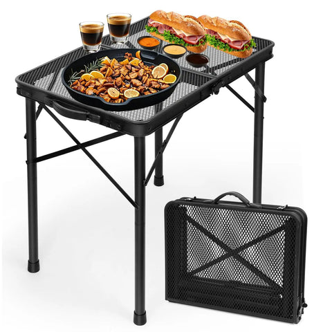 2 Foot Folding Table With Carry Handle For Camping And Outdoor Grill Table, Adjustable Height, Black Metal Mesh Surface with food