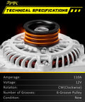 Close-up view of Beefed Up 110A Clockwise Alternator Replacement For Mazda CX Nine Grand Touring Sport Touring 2007 Through 2015.