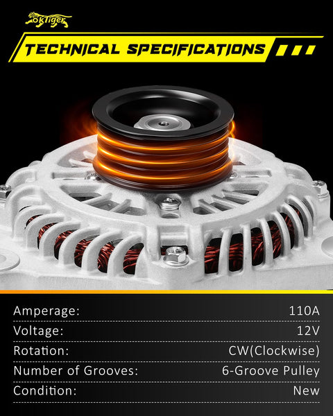 Close-up view of Beefed Up 110A Clockwise Alternator Replacement For Mazda CX Nine Grand Touring Sport Touring 2007 Through 2015.